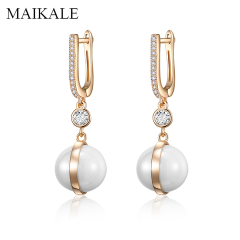 MAIKALE Classic Black White Ceramic Ball Earrings Paved Round Cubic Zirconia Gold Silver Color Long Drop Earrings for Women Gift ► Photo 1/6