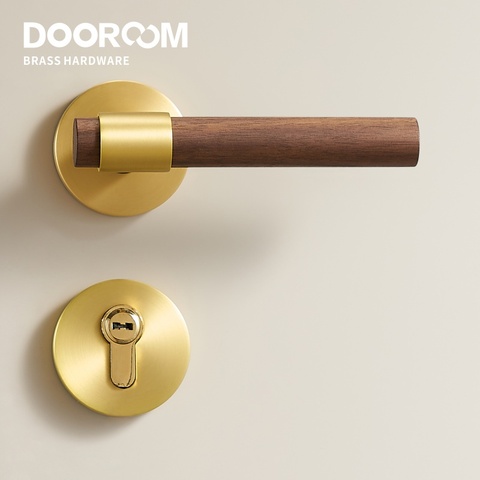Dooroom Brass Walnut Door Lock Set Modern Interior Bedroom Bathroom Double Wood Door Lever Set Dummy Handle Knob ► Photo 1/6