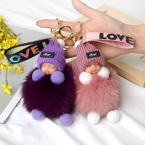Pompom Sleeping Baby Keychain Cute Fluffy Plush Doll Keychains Women Girl Bags Keyrings Cars Key Ring  Gift Charming  Decoration ► Photo 1/6