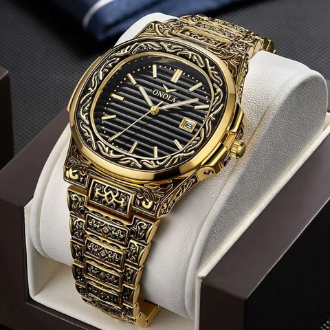 Top Brand ONOLA Men Business Quartz Engrave  Date Watch Luxury Sport Carved Waterproof Vintage Calendar Gold Retro Wristwatch ► Photo 1/1