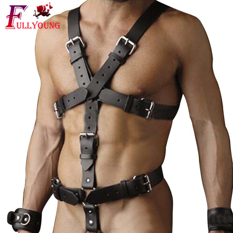 Fullyoung Leather Harness male shoulder Belts Pastel men's leather belt Adjustable Metal Buckle Waist Body Bondage Toys For man ► Photo 1/5