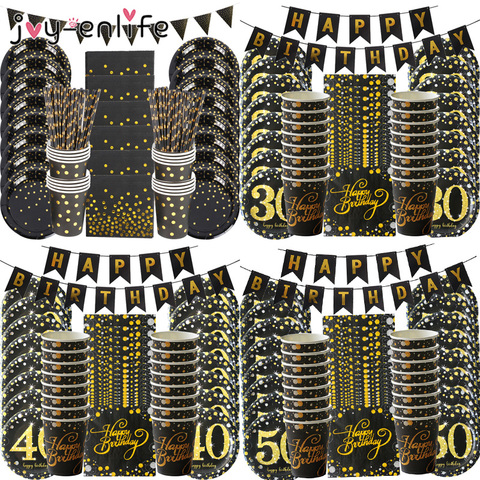 Black Gold 30 40 50 Years Anniversary Disposable Tableware Adult  Birthday Party Decoration 30/40/50th Year Old Party Supplies ► Photo 1/6