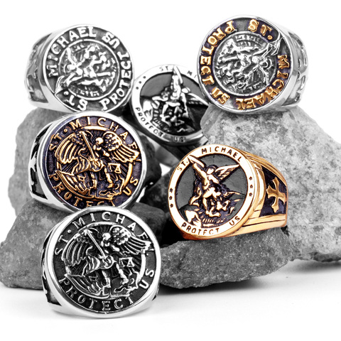 316L Stainless Steel St-Michael Men Rings Good Lucky Talisman Religious Personality Biker Ring for Men Boy Fashion Jewelry Gift ► Photo 1/6