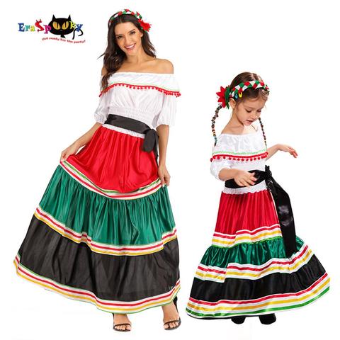 Eraspooky Traditional Folk Mexican Dress Women Girls Halloween Costume For Kids Mexico Carnival Party Family Dance Fancy Dress ► Photo 1/6