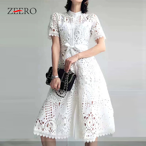 Women Vintage Summer Flower Embroidery Short Sleeve Hollow Out Lace Midi Dress Elegant Female Sexy Sashes Party Dresses Vestidos ► Photo 1/6