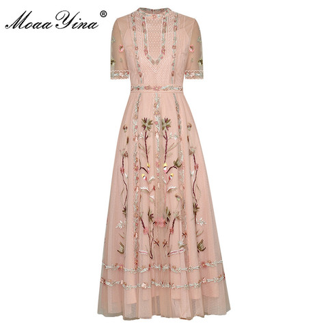 MoaaYina Fashion Designer dress Summer Women's Dress Short Sleeve Mesh Flowers Embroidery Vintage Elegant Dresses ► Photo 1/6