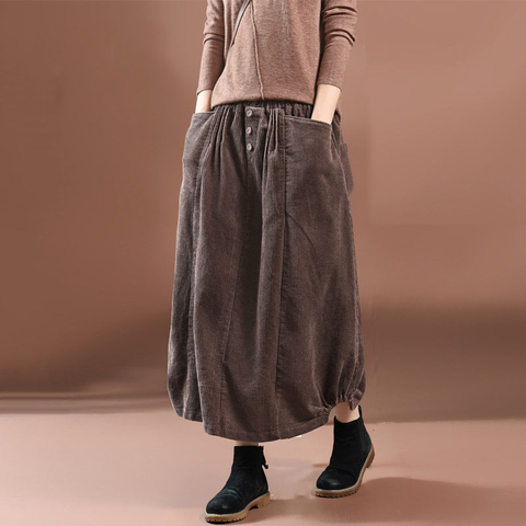 NINI WONDERLAND 2022 Autumn Winter Classic Corduroy Skirt Women Vintage Long Skirts Female Elastic Waist A-line Skirt Big Size ► Photo 1/6