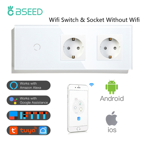 BSEED 1/2/3Gang 1/2/3 way Wifi Switch With Double EU Sockets Without Wifi Crystal Control Alexa Google Home Tuya App ► Photo 1/6