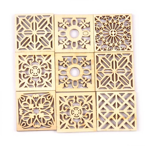 10pcs Hollow Mixed Flower Pattern Square Wood DIY Crafts Scrapbooking Wooden Embellishments Arts Wedding Display Decor M2523 ► Photo 1/5