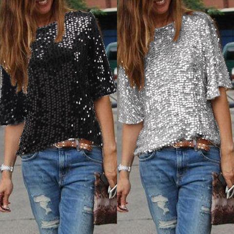 Summer Explosion Sequined T-shirt Womens Half Sleevele Glitter Solid Loose Tops Pullover Tops Ladies T Shirts ► Photo 1/6