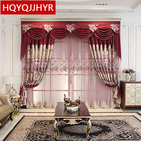 European Style Luxury Wine Red Blue Elegant Embroidered Curtains For Living Room Windows Bedroom Hotel Apartment Custom Curtains ► Photo 1/6