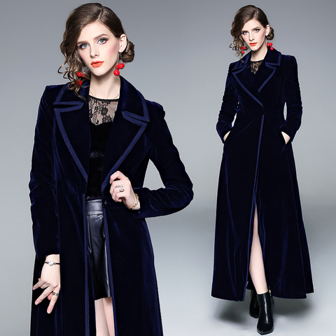 New 2022 Winter Runway Designer Women Vintage Notched Collar Wrap Black Velvet Maxi Coat Thick Warm Long Trench Coat Outwear ► Photo 1/6