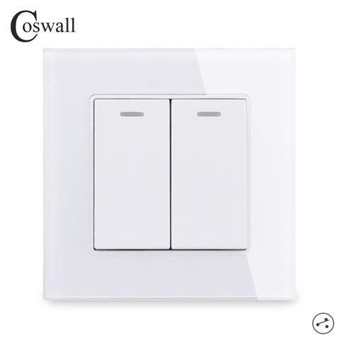 COSWALL Crystal Glass Panel 2 Gang 2 Way On / Off Pass Through Stair Rocker Wall Light Switch Switched 16A C1 Series ► Photo 1/6