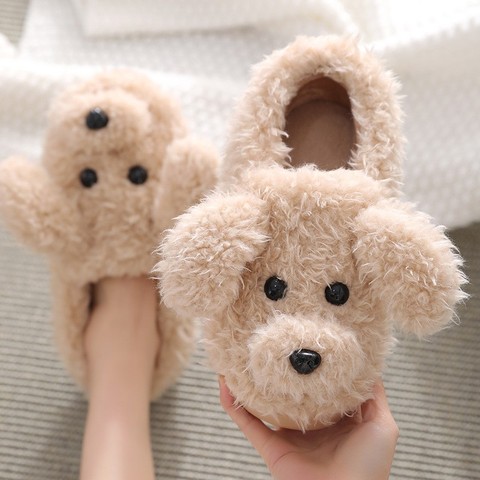 Lifelike 3d Teddy Dog Women Plush Slippers Winter Warm Soft Sole Shoes Men Couples Home Ladies Indoor Bedroom Slip On Fur Slides ► Photo 1/6