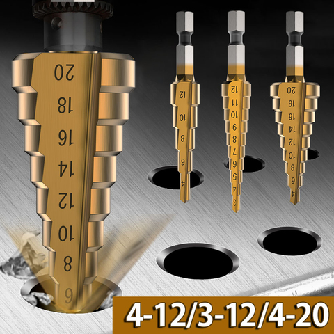 3Pcs/set HSS Step Drill Bit Set Hex Shank Cone Drill Titanium Bit Cone Hole Cutter Metal Countersink Drill Bits 3-4/12/20mm ► Photo 1/6