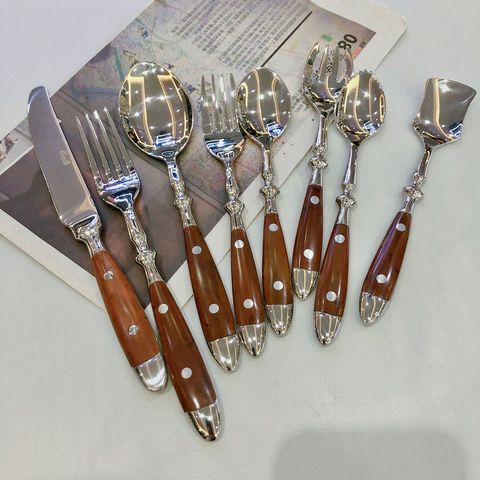 Stainless Steel Western Tableware Set Two Knife, Fork, Spoon, Wooden Handle Knife, Fork, Spoon, Stainless Steel Knife, Spoon ► Photo 1/5