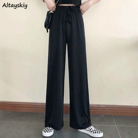 Wide Leg Pants Women Pure Black Lace-up Korean Style Loose Leisure