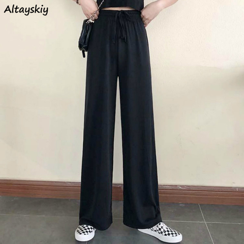 Cheap Women Polyester Cotton Pants Autumn Casual Solid Elastic Waist  Straight Trousers Loose Long Pants Wide Leg Trousers