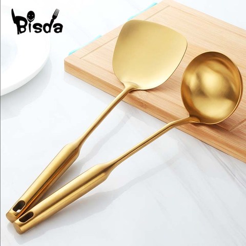 2Pcs Kitchenware Set Stainless Steel Turner and Soup Spoon Porridge Cooking Frying Steak Utensils Golden Kitchen Spatula Ladle ► Photo 1/6