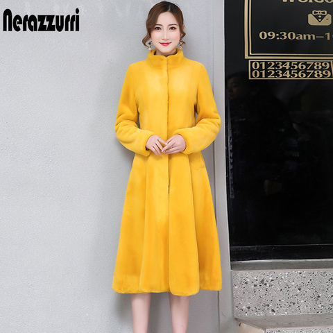 Nerazzurri fit and flare faux fur coat women long sleeve yellow grey fake rabbit fur overcoat winter plus size fluffy furry coat ► Photo 1/6