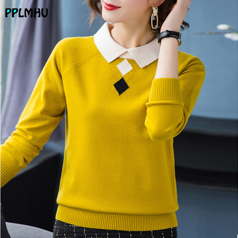 Fashion Turn-down Collar slim knitted ladies sweaters Elegant warm long sleeve women's pullovers Korean patchwork color top ► Photo 1/6