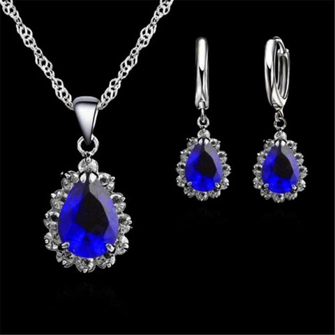 925 Sterling Silver Earrings Necklace Sets Pink/Blue/Gray/Red/Green/Purple Drops Water The Crystal For Women Wedding ► Photo 1/6