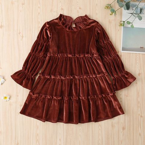 Autumn Winter 2022 Girls Dress Girls Cute Dresses Long Sleeve Velvet Turtleneck Brown Pleated Solid Sweet Baby Vestidos 2-6T ► Photo 1/6