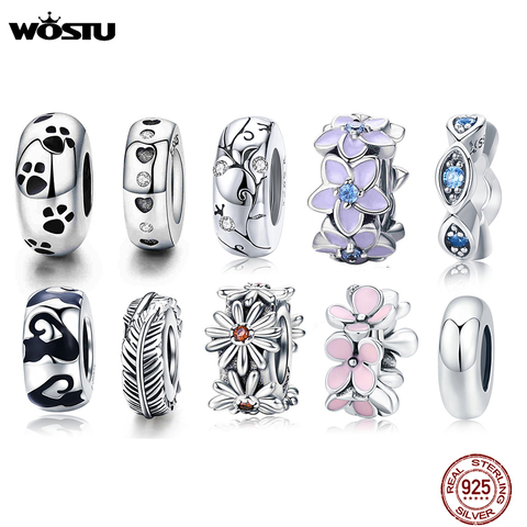 WOSTU Real 925 Sterling Silver 15 Styles Heart & Clear CZ Spacer Stopper Beads fit Wostu original Charm Bracelet Jewelry CQC593 ► Photo 1/6