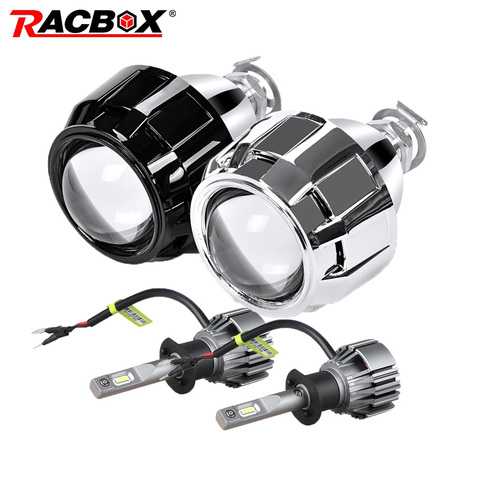 RACBOX 2Pcs 2.5 Inch Mini Bi xenon HID Projector Lens Silver Black Shroud with H1 LED Bulb Retrofit H4 H7 Car Headlight Assembly ► Photo 1/6