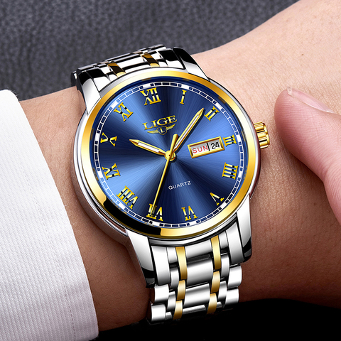 Watches Mens 2022 Fashion Quartz Gold Clock LIGE Brand Top Luxury All Steel Men Wristwatch Waterproof Date Week Dial Watch+Box ► Photo 1/6