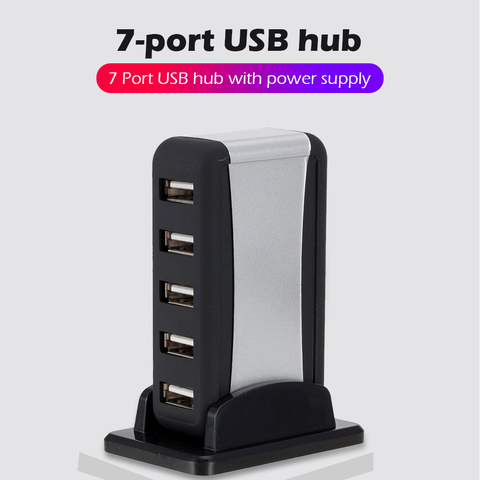 EU/US Plug Vertical USB Hub Multi 7 Ports USB 2.0 Splitter with Power Adapter 480 Mbps USB 2.0 hub for PC Computer Accessories ► Photo 1/6