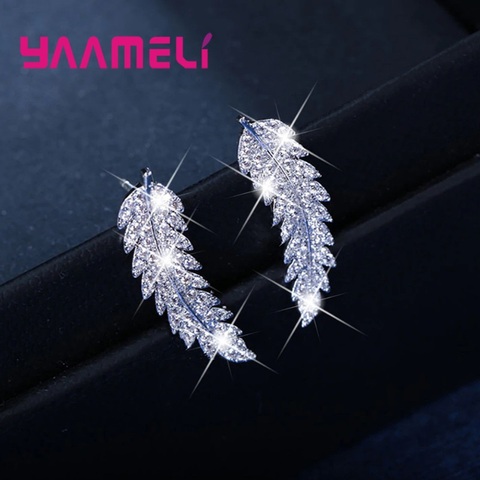 Hot Sale Korean Elegance Leaf Women Stud Earring 925 Sterling Silver Clear Rhinestone CZ Crystal Handemade Ear Brincos Pendiente ► Photo 1/6