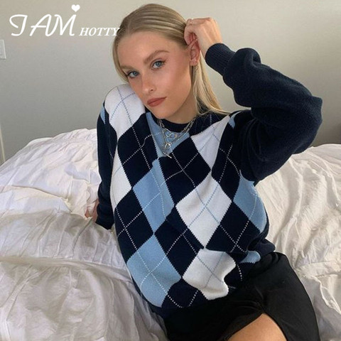 IAMHOTTY  Knitted Y2K Aesthetic Argyle Women's Sweater 90s E Girl School Preppy Style Pullover Sweaters Female 2022 Elegant Top ► Photo 1/6