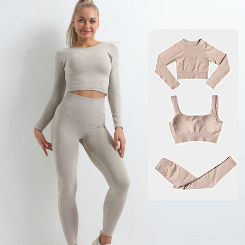 Women Seamless Fitness Yoga Suit Knitt Workout Long Sleeve Crop Top Sports Bra High Waist Running Leggings Gym Clothing 2/3Pcs ► Photo 1/6