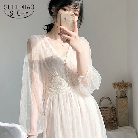 Plus Size Elegant Button A-Line Vestidos White Dress Women 2022 Spring Puff Sleeve Empire V-Neck Lace Voile Mesh Dresses 8126 50 ► Photo 1/6