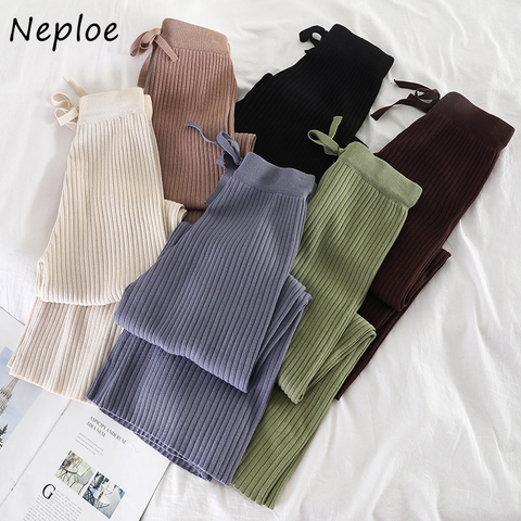 Neploe Knitted Pants Women New Fashion Korean Solid Lace Up Stretch Waist Trousers Casual Loose Wide Leg Pants Femme 42747 ► Photo 1/2