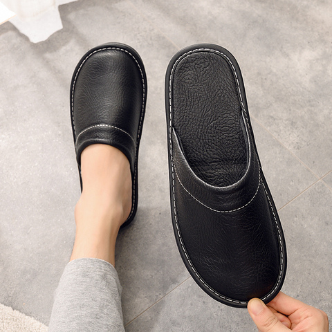 Black leather slippers men indoor shoes plus size 45 46 unisex Precision stitching fashion shoes male slippers ► Photo 1/6