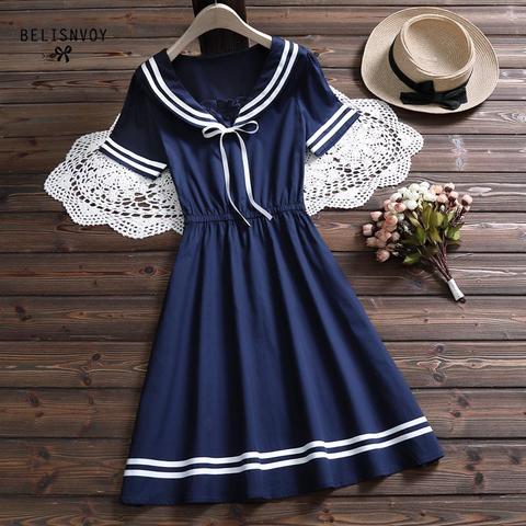 2022 Summer Women Dress Female Sailor Collar College Short Sleeve Cute Preppy Style Dresses for Girls Navy Wind Bow Sweet Dress ► Photo 1/6