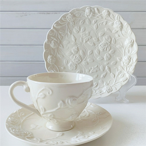 European coffee cup dish set afternoon tea cup heavy industry stereo rose light yellow ceramic dish plate ► Photo 1/6