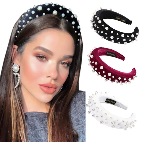 Haimeikang Pearls  Padded Hairband Headband for Women Elegant Hair Band Hoop Sponge Head Bands Winter Hair Accessories ► Photo 1/6