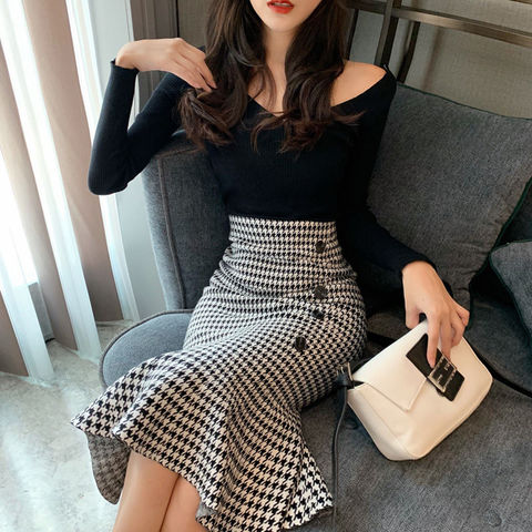 Women Autumn Houndstooth Sweet Trumpet Skirt Female Vintage Long Mermaid Skirts Summer Fashion Skirt Fairy Lady Mid Calf Skirt ► Photo 1/6