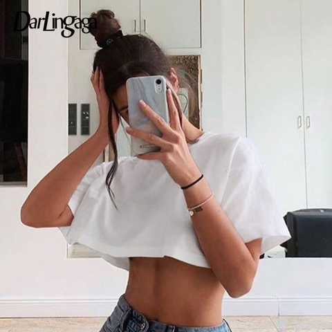 Darlingaga Casual Loose Cotton White Tshirt Women Solid Crop Top Short Sleeve Streetwear Summer T-shirts 2022 Tee Shirts Clothes ► Photo 1/6