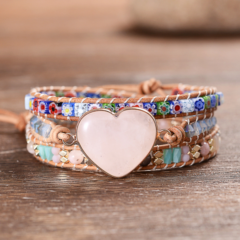 Pink Heart Stones Cute Girls Wrap Bracelets Handmade Leather Beaded Love Friendship Bangles ► Photo 1/4