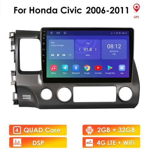 Ossuret 2 Din Android 10 Car Radio GPS Player for Honda Civic 2006-2011 Navi TPMS WIFI 4G 10.1 Inch 2G+32G Multimedia SWC DVR ► Photo 1/6