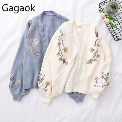 Gagaok Women Knitted Fashion Cardigan Spring Autumn V-Neck Lantern Sleeve Embroidery Floral Thick Loose Harajuku Female Sweater ► Photo 1/6