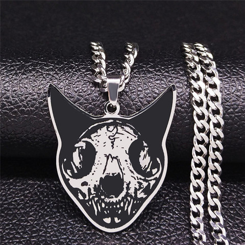 Fashion Goth Cat Head Skull Stainless Steel Chain Necklace Women Black Silver Color Necklace Jewelry collares de mujer N4033S02 ► Photo 1/5