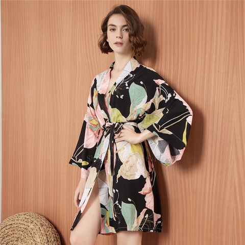 Autumn Japanese Style Traditional Flower Print Kimono Robe Women Mujer Short Sleepwear Asian Fashion Cardigan Bandage Pajamas ► Photo 1/6