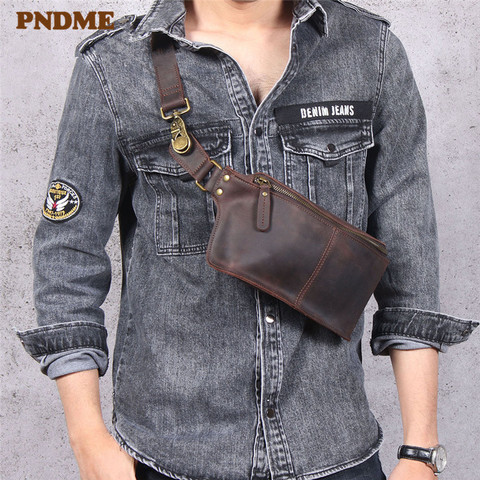 PNDME retro multifunctional genuine leather men's chest bag crazy horse cowhide waist pack sports small shoulder messenger bags ► Photo 1/6