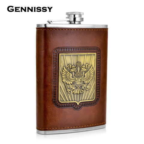 GENNISSY Russia's Emblem Printed Whiskey Flask 9 oz Stainless Steel Brown Leather Packed  Hip Flask Portable Drink Flasks Gift ► Photo 1/6