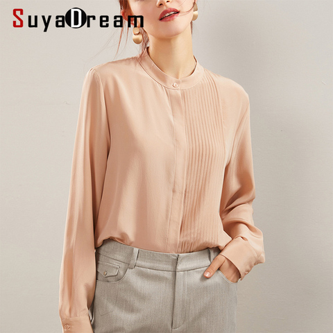 SuyaDream Women Solid Blouses 100%Silk Crepe Long Sleeved O neck OFFICE Blouse SHIRT 2022 Spring Top ► Photo 1/5